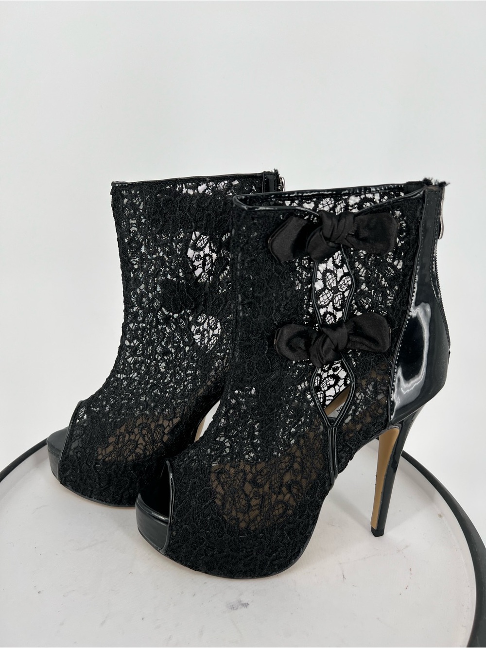 Lace Bow Peep-Toe Ankle Boots - Black